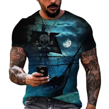 בציר החולצות של גברים 3D הספינה הדפס שרוול קצר ספינת פיראטים חולצה לגברים בגדים מנופחים חולצת טריקו גברים Camiseta גבר